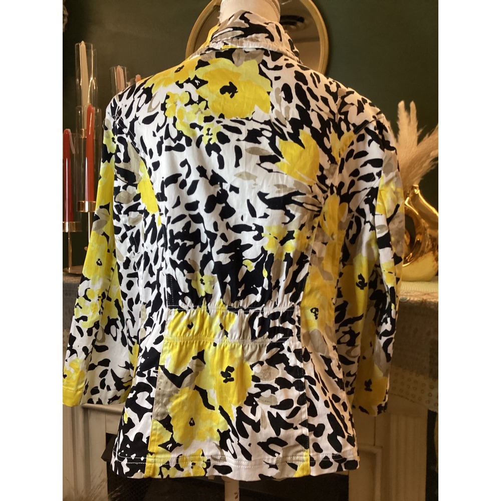 Erin London Womens XL Yellow Floral Abstract Full Zip Jacket 3/4 Sleeve Cotton - Picture 4 of 6